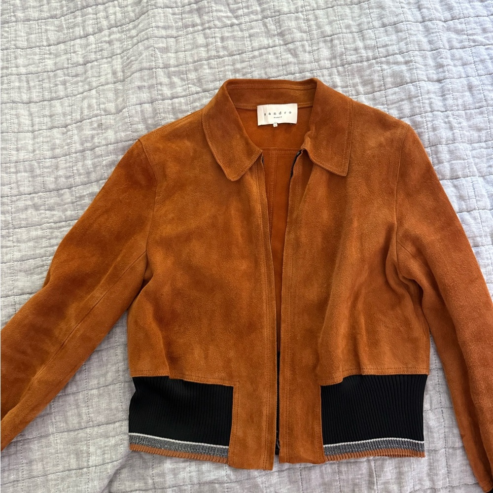 Sandro Tan Suede Jacket with Black Accents
